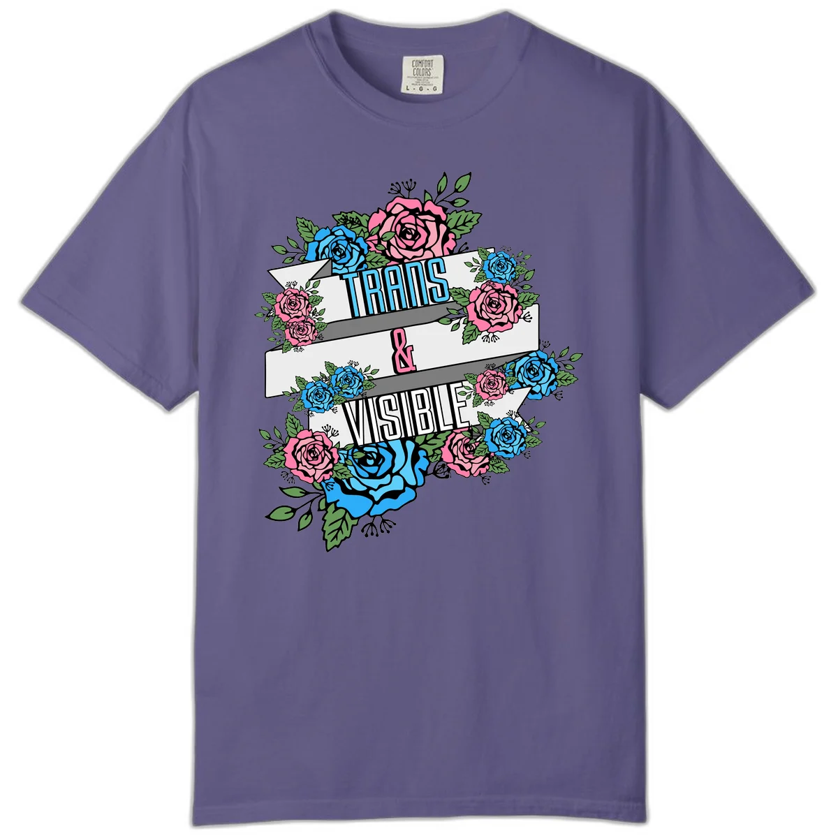 Trains and visible pride design with blue and pink roses and green leaves surrounding banner text on gray background in Grape