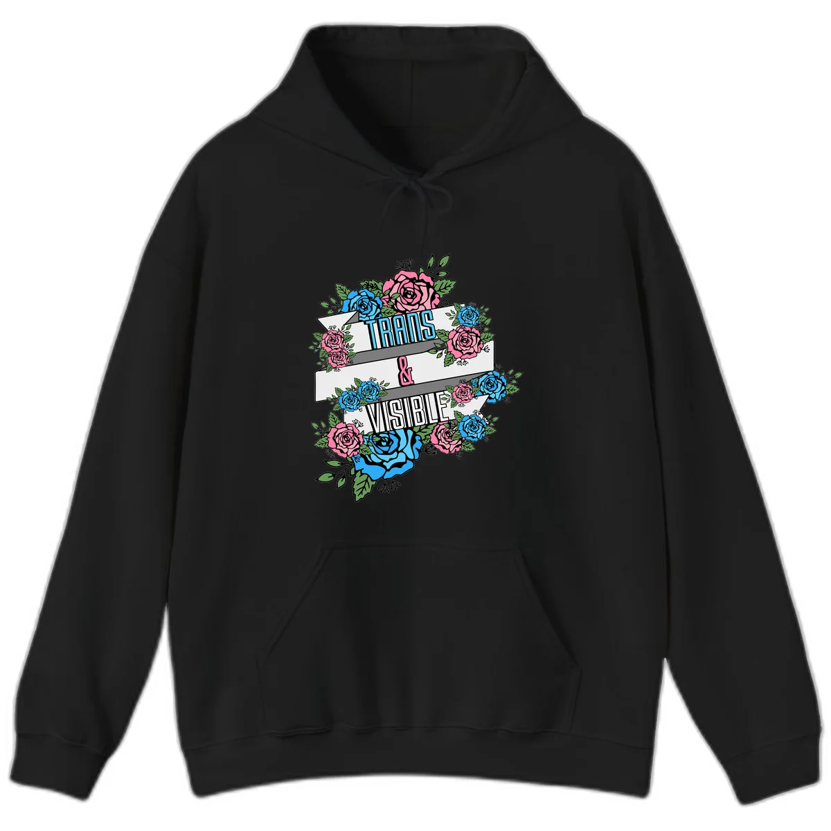 Trains and visible pride design with blue and pink roses and green leaves surrounding banner text on gray background in Black