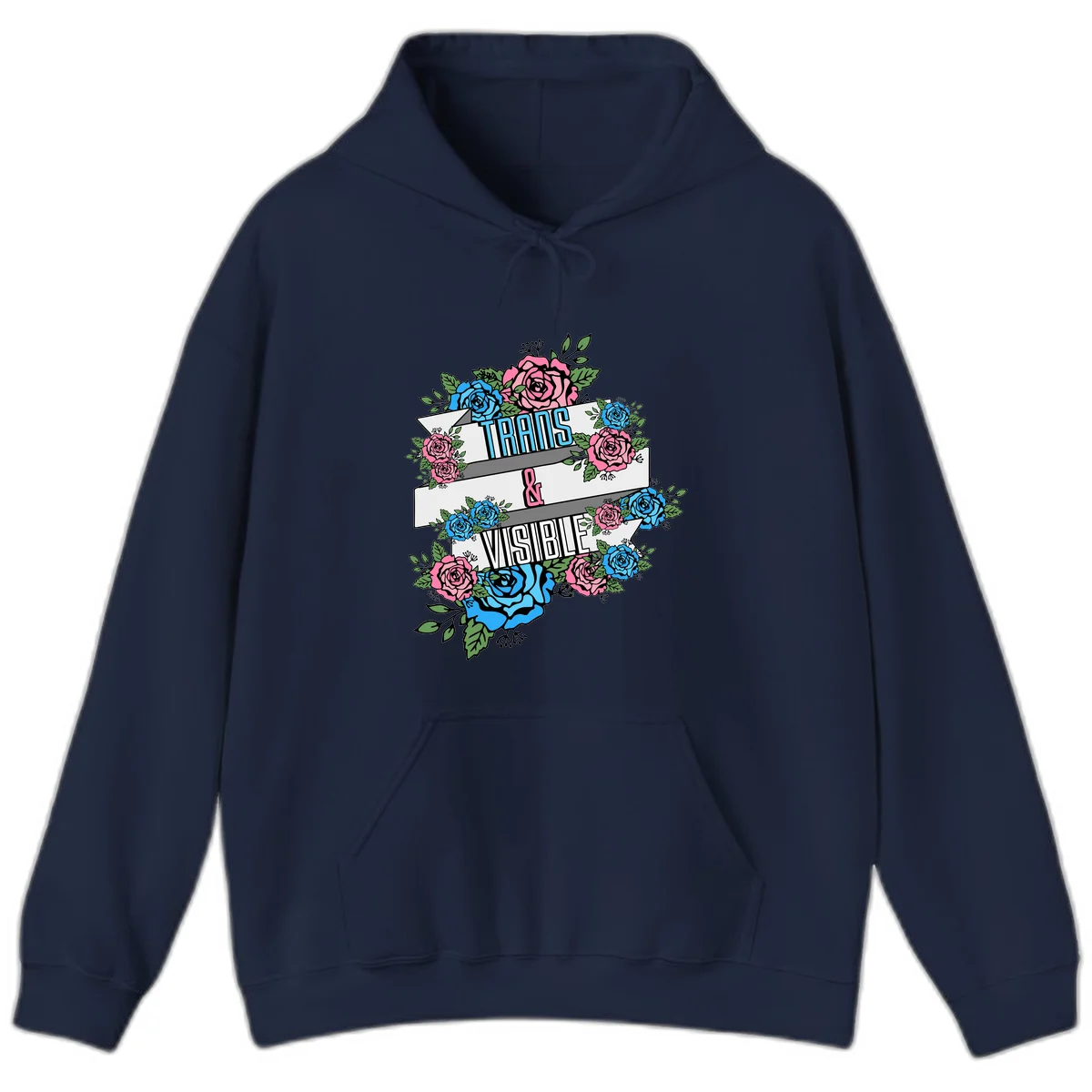 Trains and visible pride design with blue and pink roses and green leaves surrounding banner text on gray background in Navy