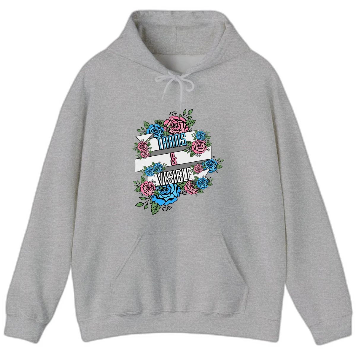 Trains and visible pride design with blue and pink roses and green leaves surrounding banner text on gray background in Sport Grey