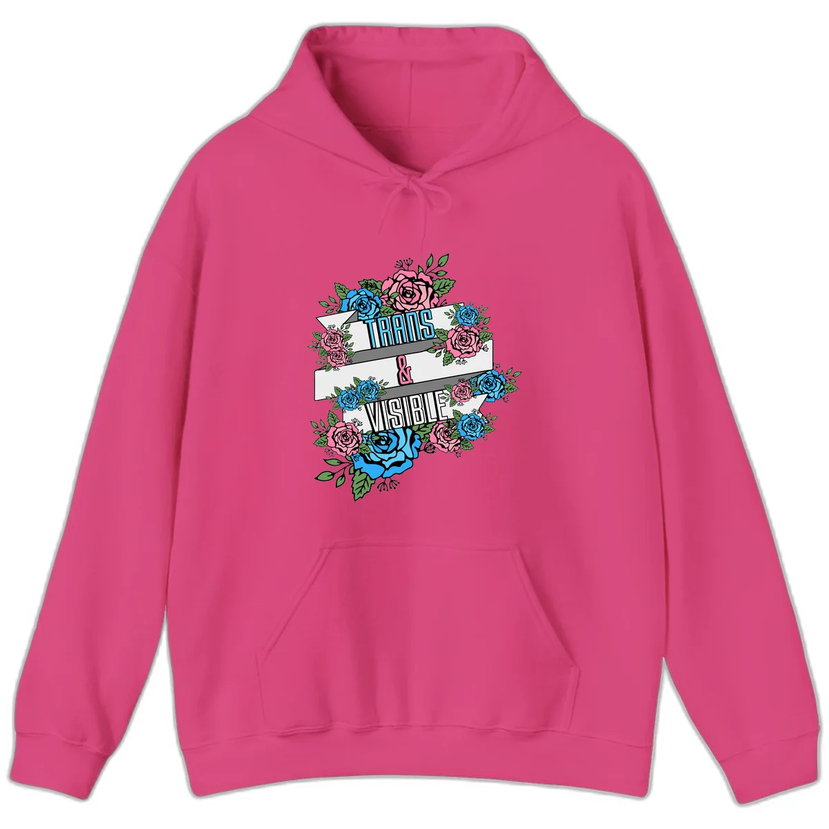 Trains and visible pride design with blue and pink roses and green leaves surrounding banner text on gray background in Heliconia