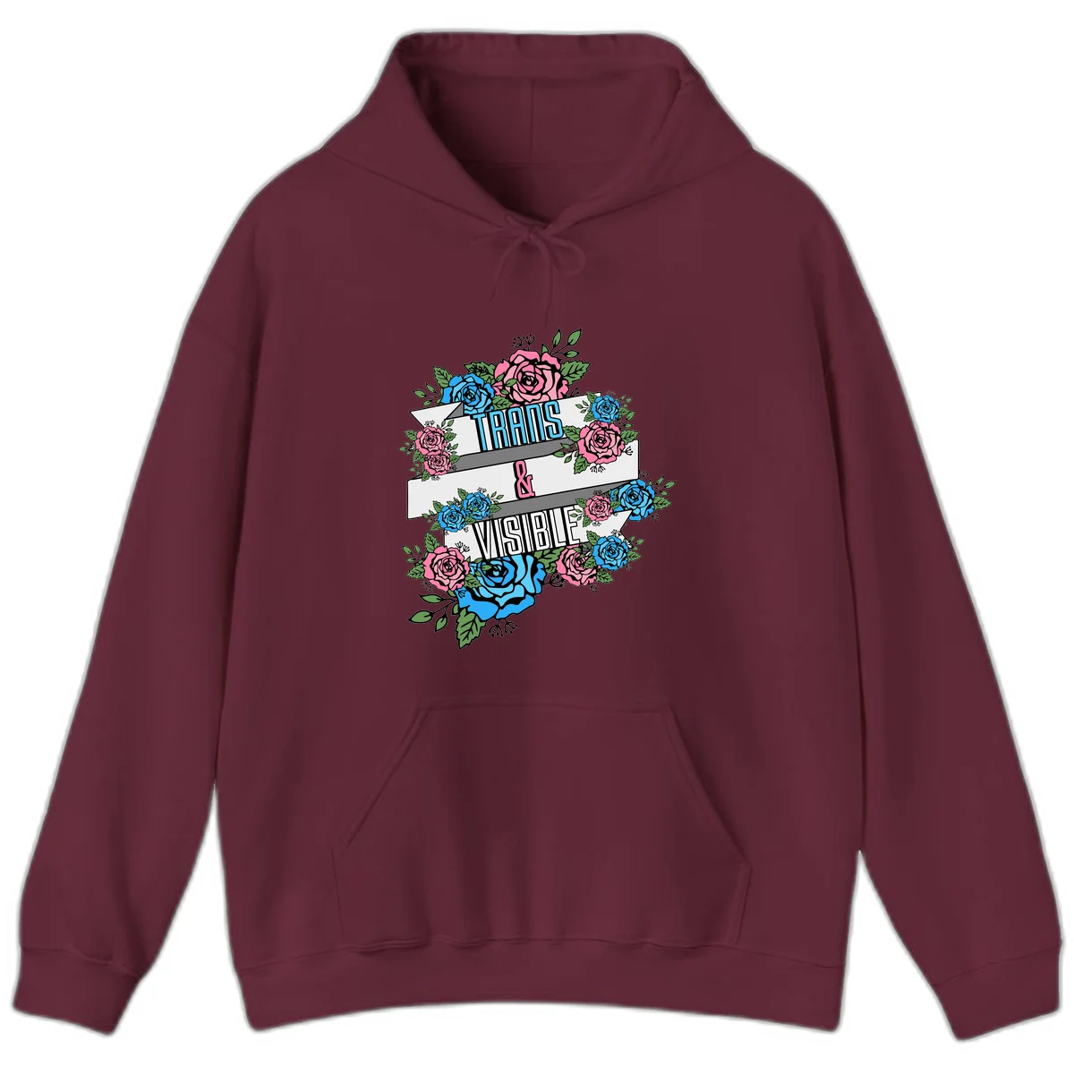 Trains and visible pride design with blue and pink roses and green leaves surrounding banner text on gray background in Maroon