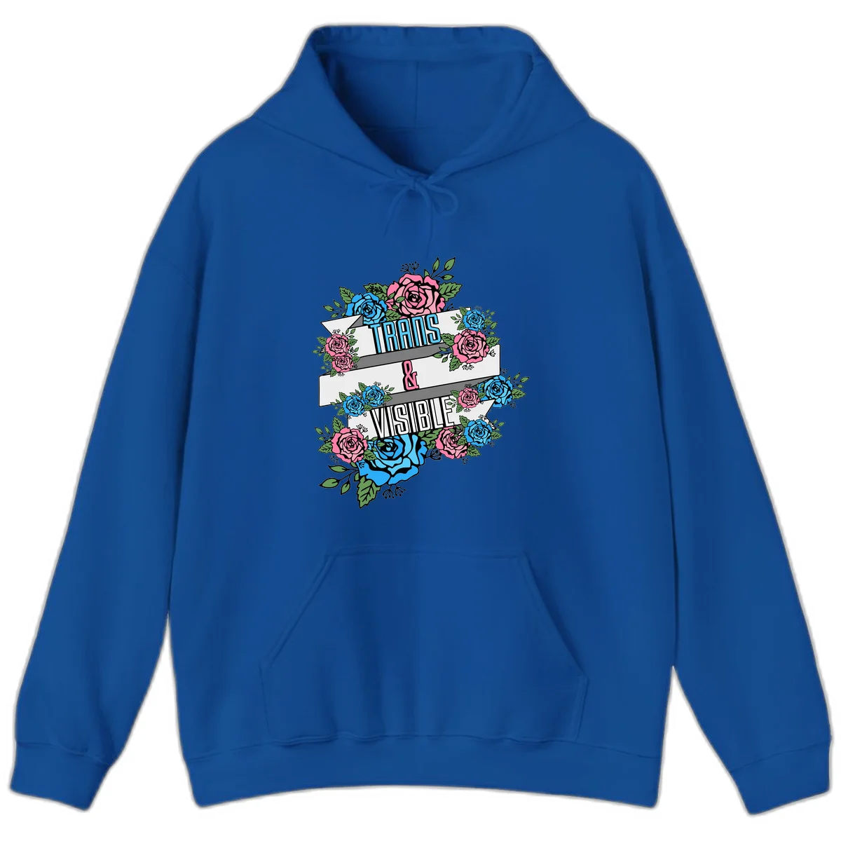 Trains and visible pride design with blue and pink roses and green leaves surrounding banner text on gray background in Royal