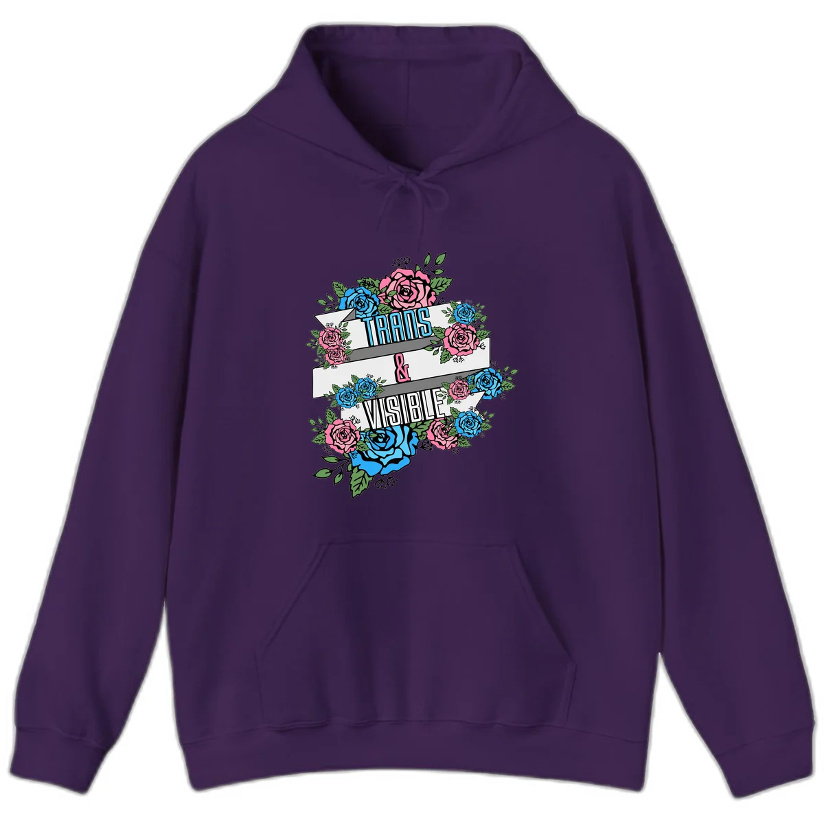 Trains and visible pride design with blue and pink roses and green leaves surrounding banner text on gray background in Purple