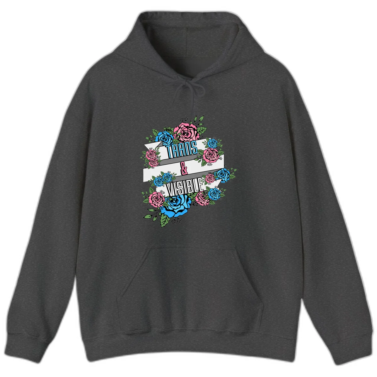 Trains and visible pride design with blue and pink roses and green leaves surrounding banner text on gray background in Dark Heather