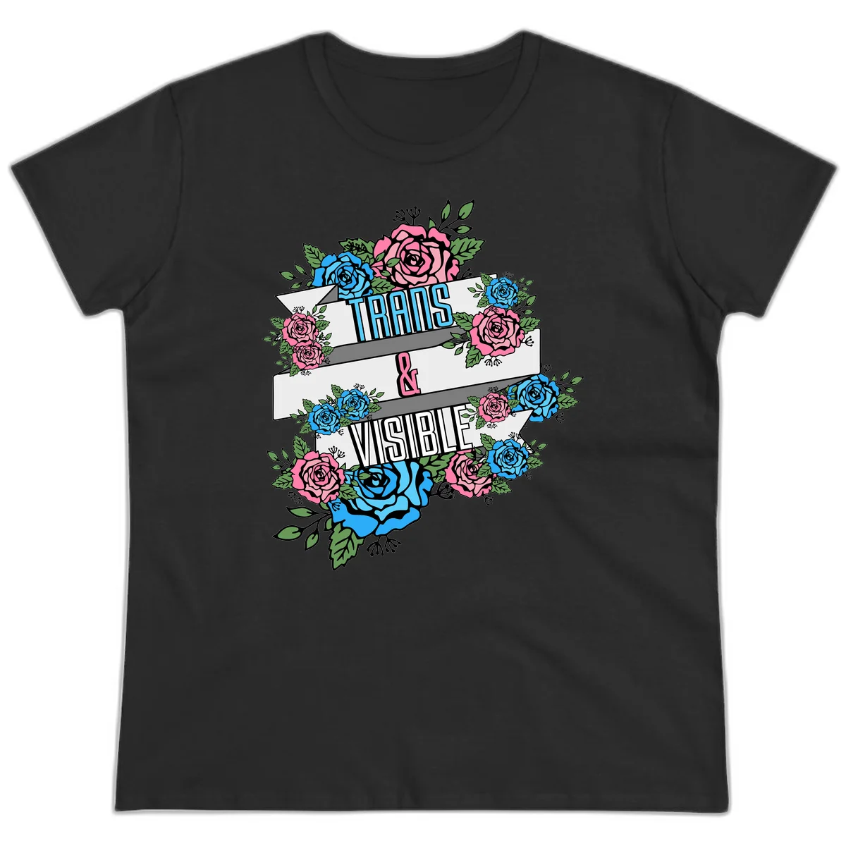 Trains and visible pride design with blue and pink roses and green leaves surrounding banner text on gray background in Black