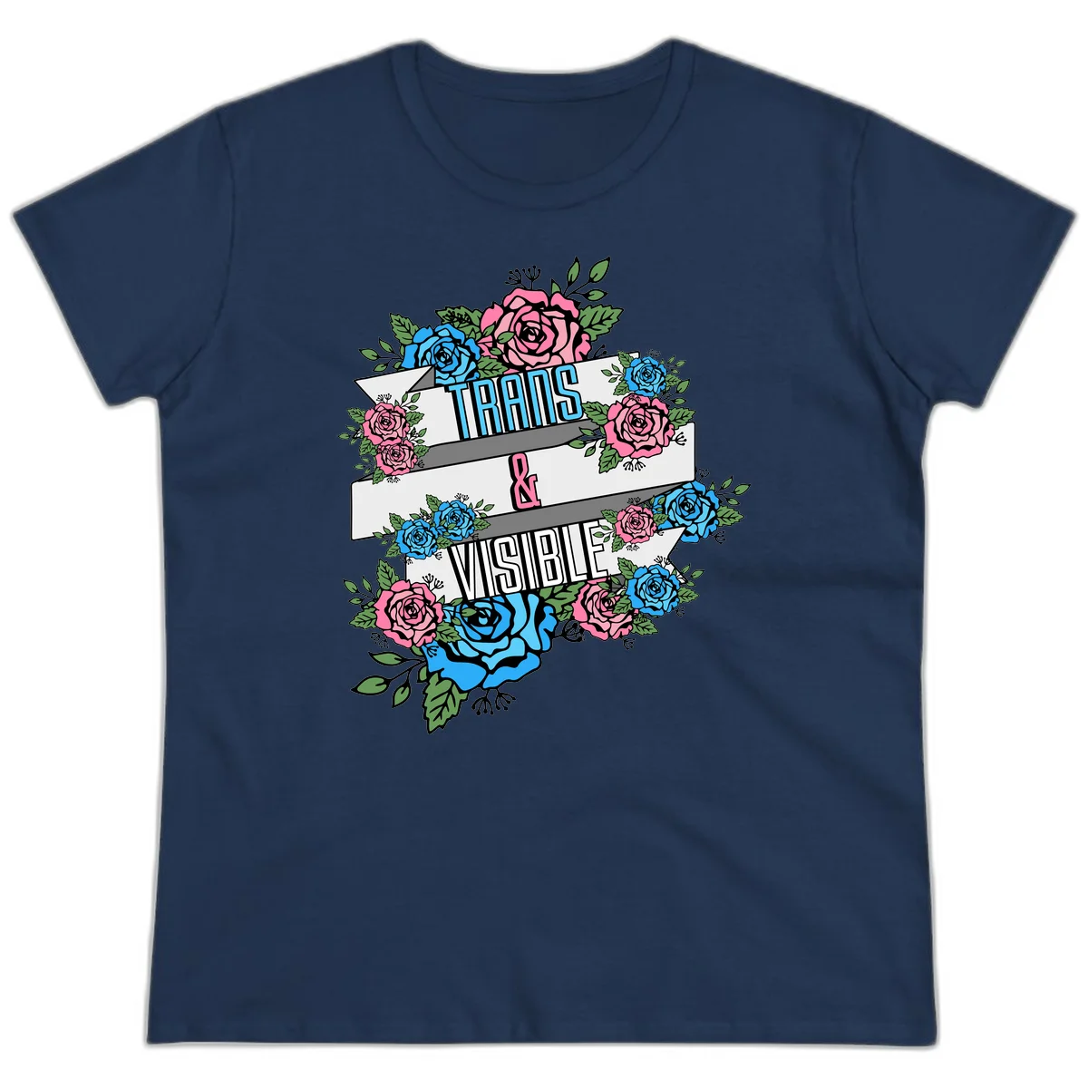 Trains and visible pride design with blue and pink roses and green leaves surrounding banner text on gray background in Navy