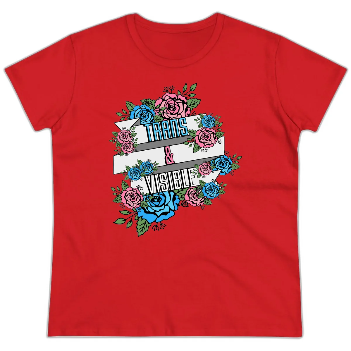 Trains and visible pride design with blue and pink roses and green leaves surrounding banner text on gray background in Red