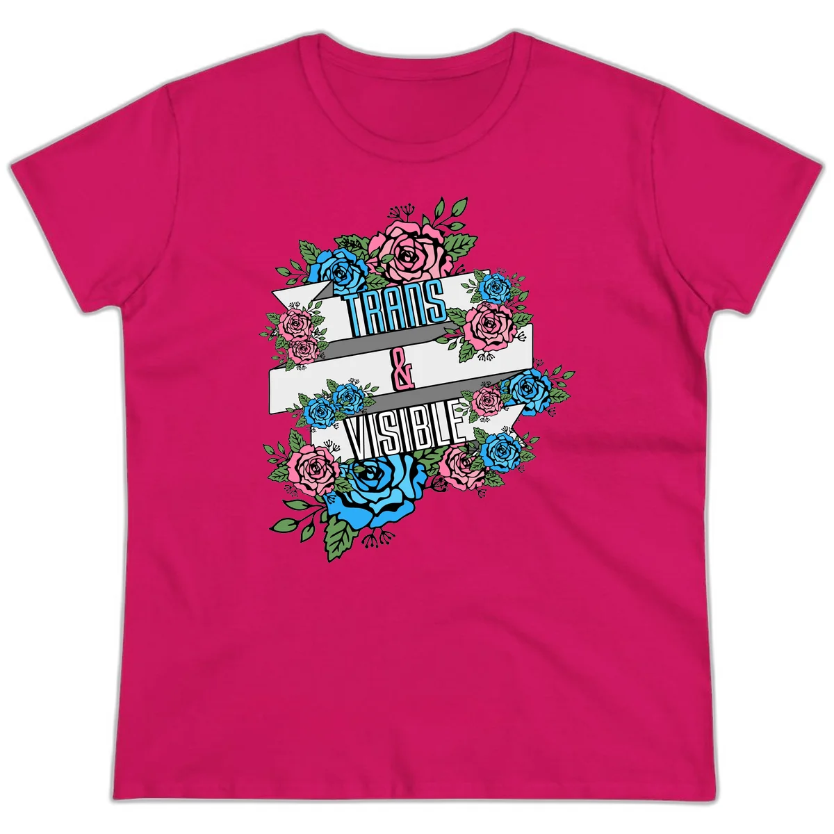 Trains and visible pride design with blue and pink roses and green leaves surrounding banner text on gray background in Heliconia