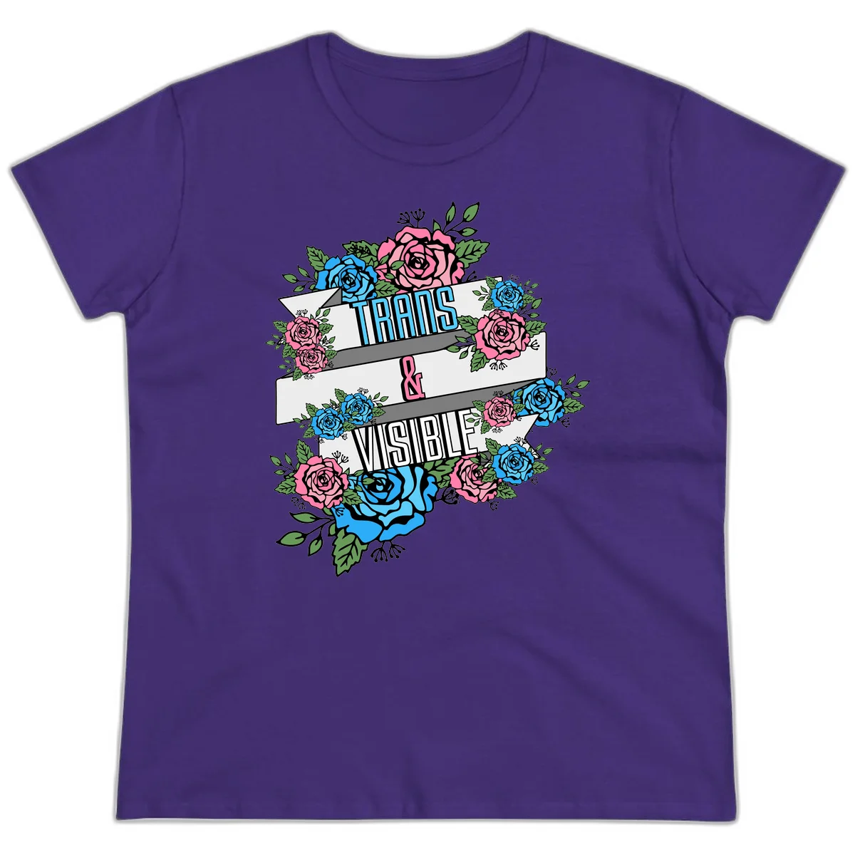 Trains and visible pride design with blue and pink roses and green leaves surrounding banner text on gray background in Purple