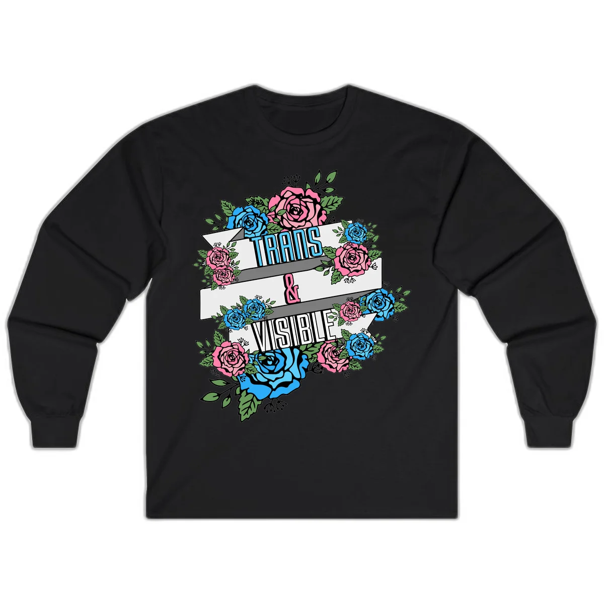 Trains and visible pride design with blue and pink roses and green leaves surrounding banner text on gray background in Black