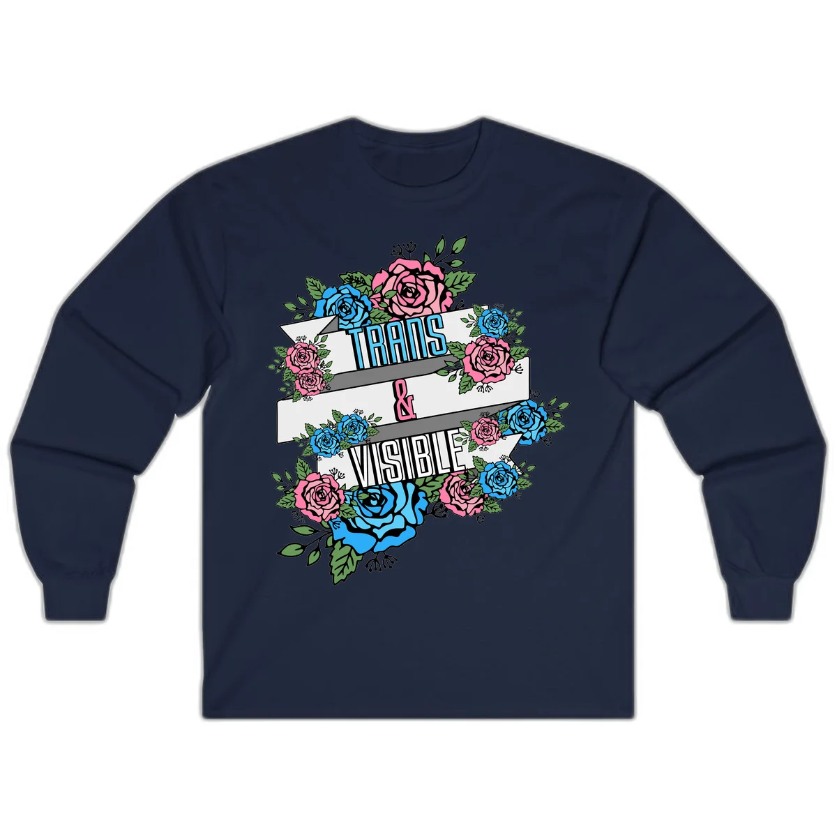 Trains and visible pride design with blue and pink roses and green leaves surrounding banner text on gray background in Navy