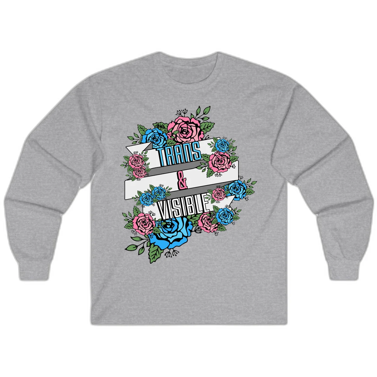 Trains and visible pride design with blue and pink roses and green leaves surrounding banner text on gray background in Sport Grey