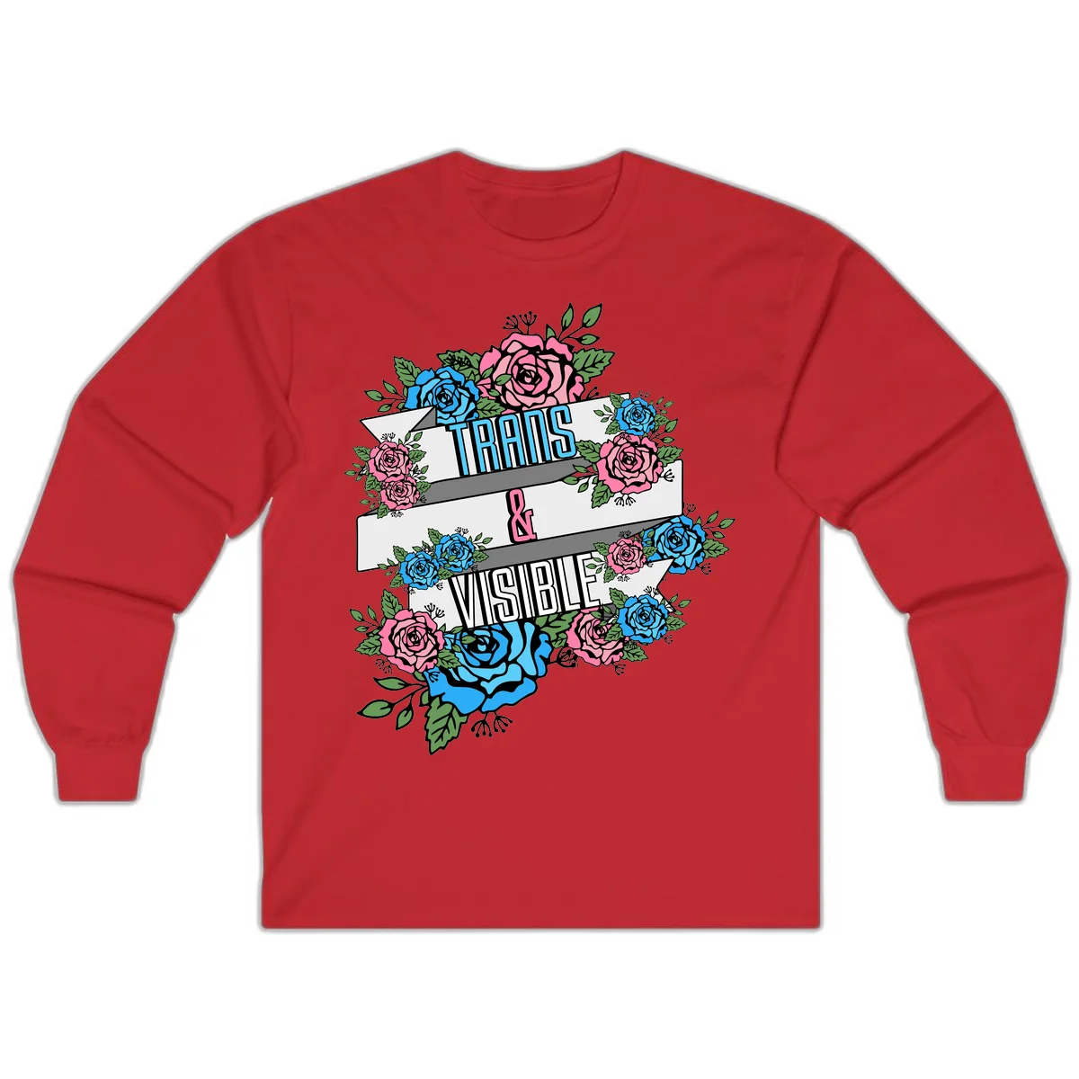 Trains and visible pride design with blue and pink roses and green leaves surrounding banner text on gray background in Red