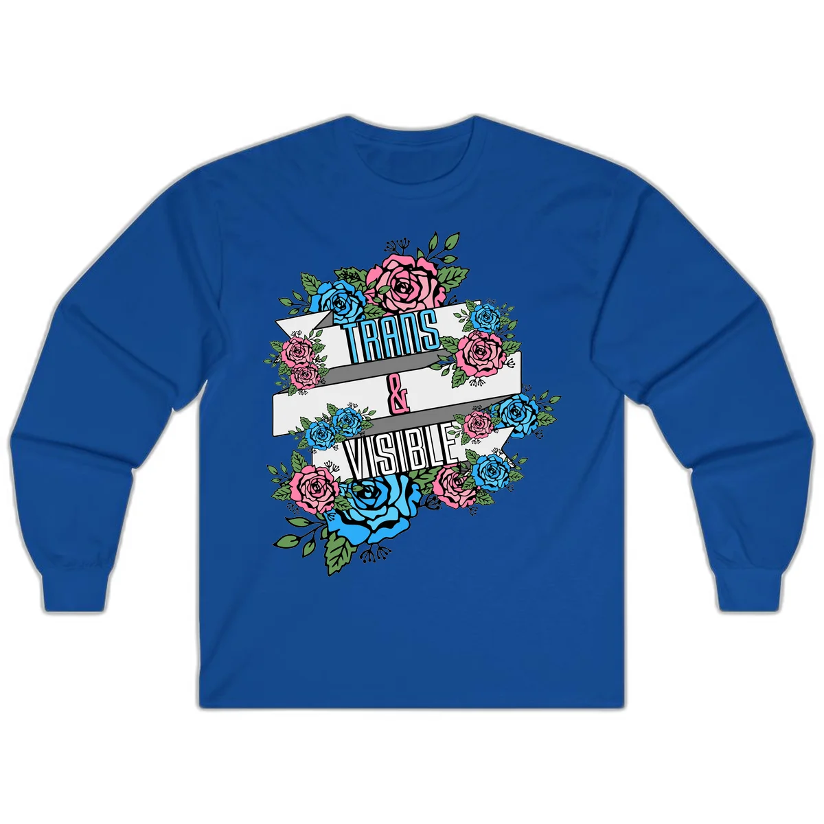 Trains and visible pride design with blue and pink roses and green leaves surrounding banner text on gray background in Royal