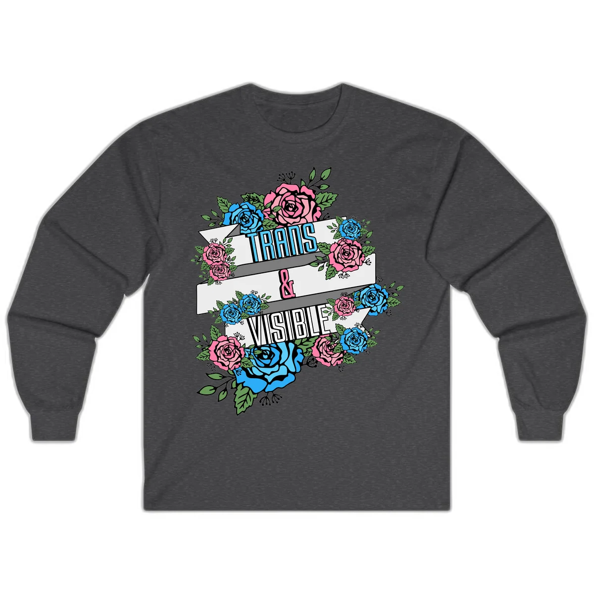 Trains and visible pride design with blue and pink roses and green leaves surrounding banner text on gray background in Dark Heather