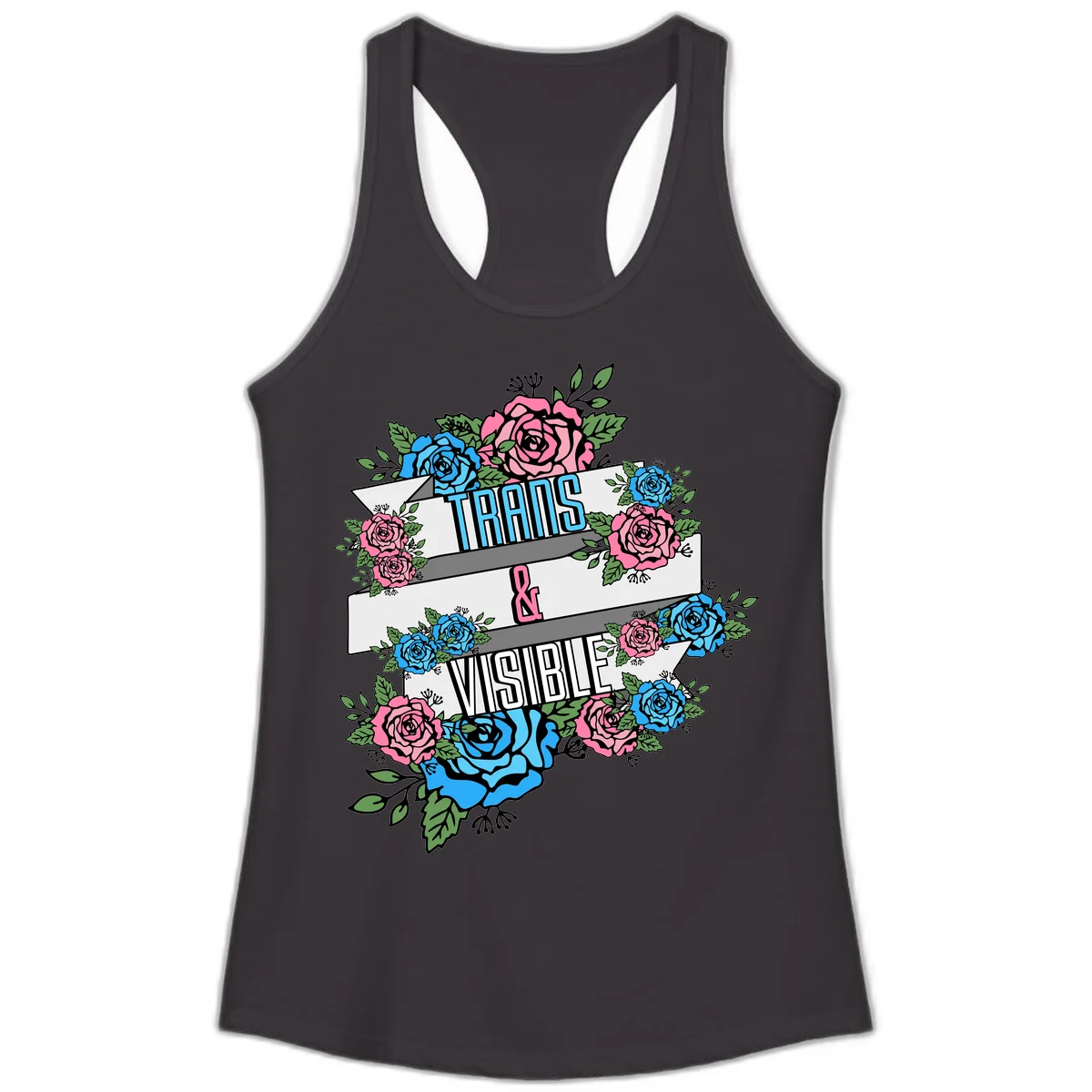 Trains and visible pride design with blue and pink roses and green leaves surrounding banner text on gray background in Black