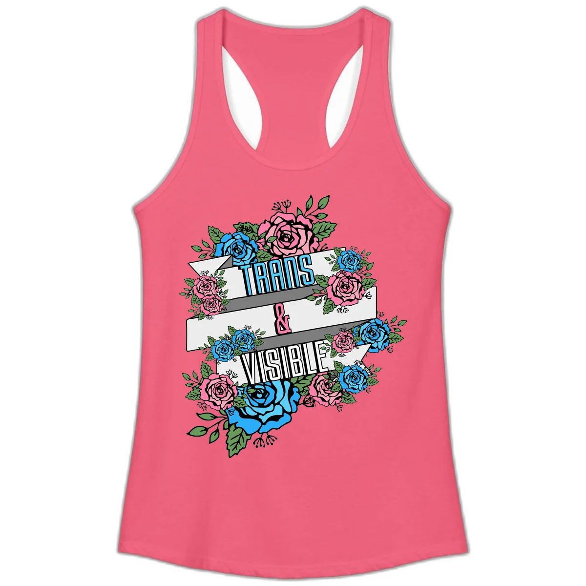 Trains and visible pride design with blue and pink roses and green leaves surrounding banner text on gray background in Hot Pink