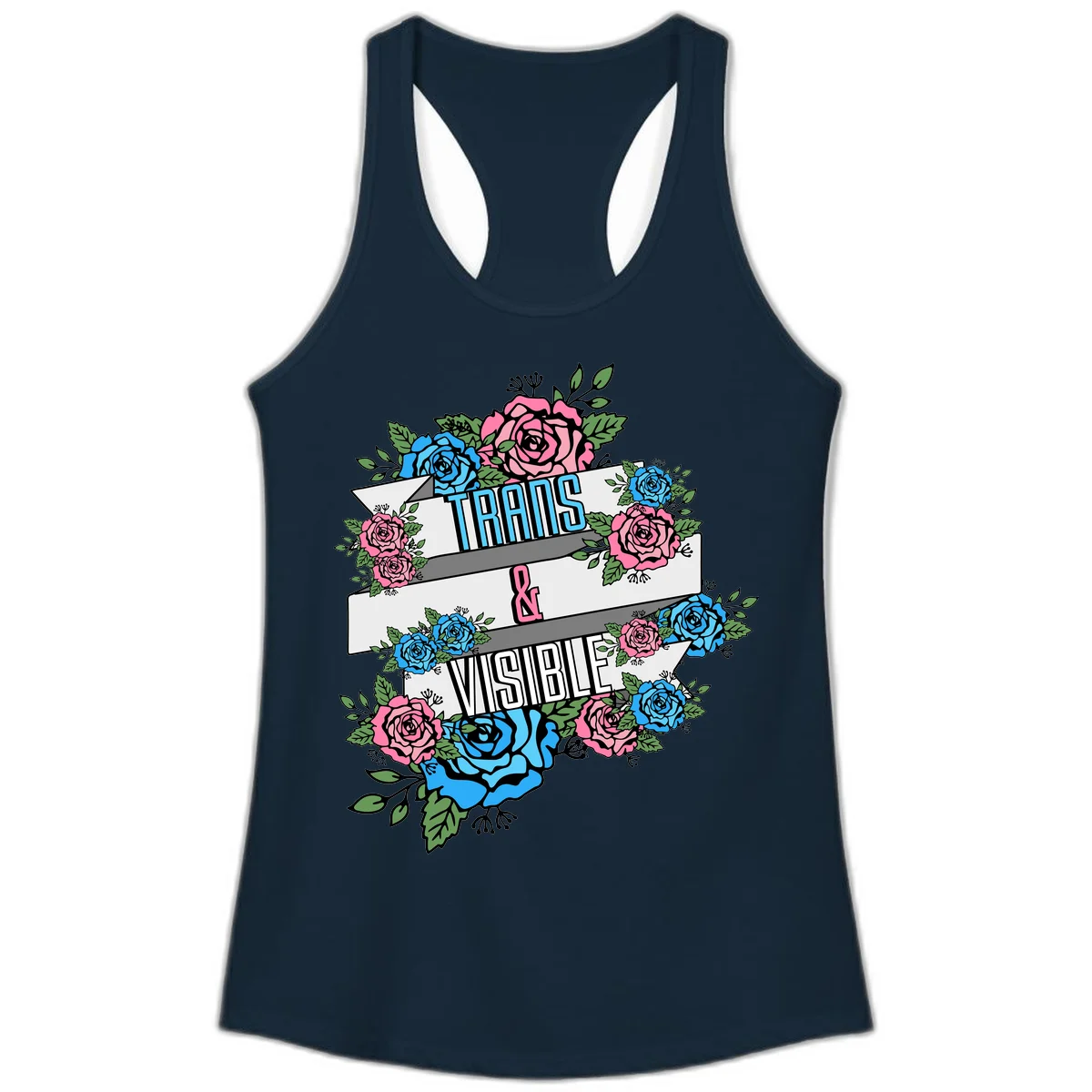 Trains and visible pride design with blue and pink roses and green leaves surrounding banner text on gray background in Solid Midnight Navy