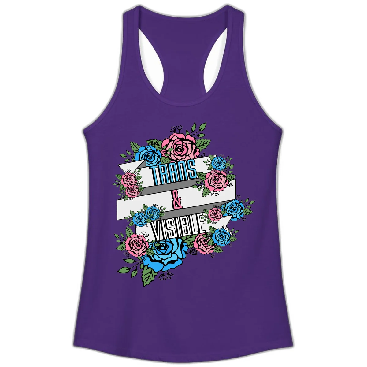 Trains and visible pride design with blue and pink roses and green leaves surrounding banner text on gray background in Solid Purple Rush