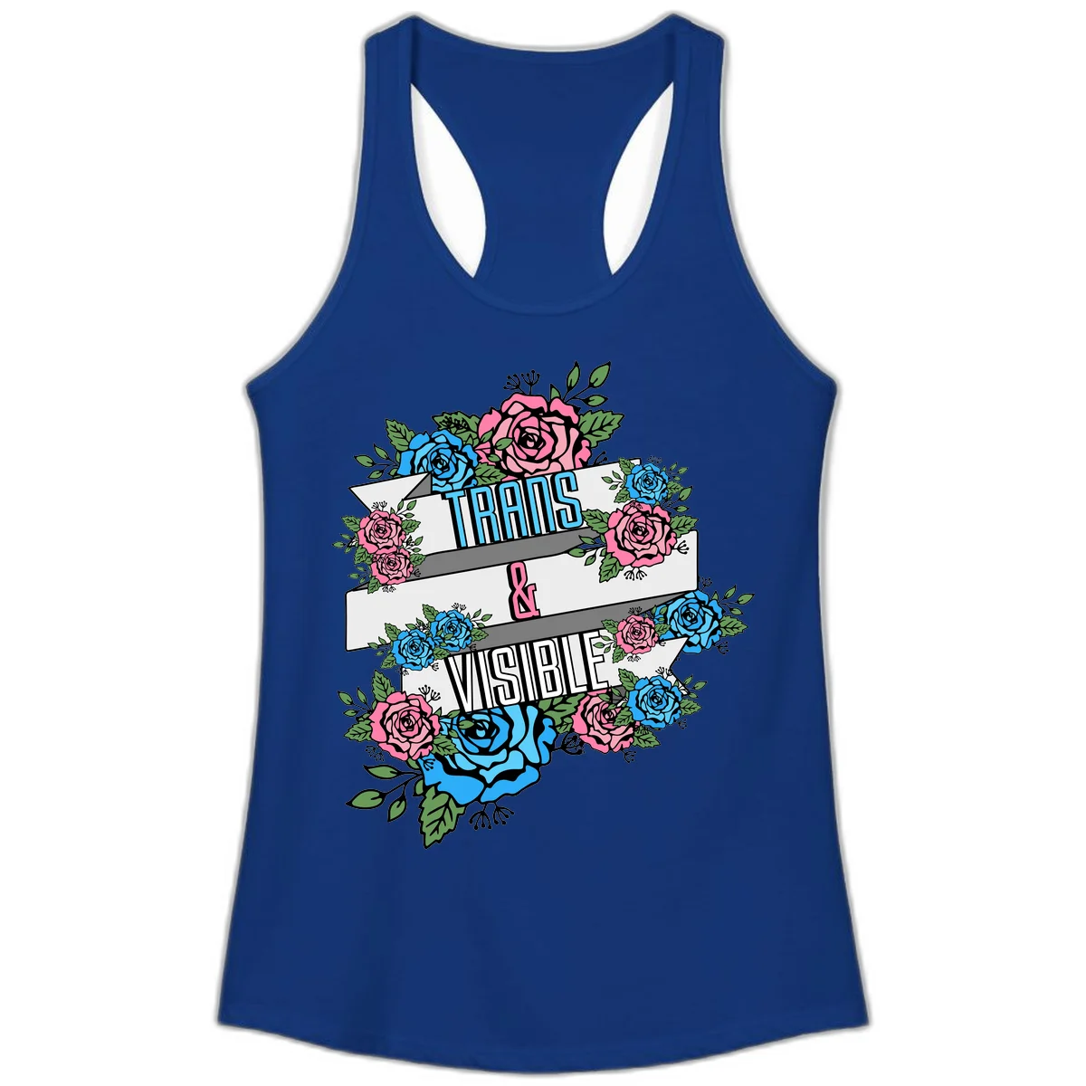 Trains and visible pride design with blue and pink roses and green leaves surrounding banner text on gray background in Solid Royal