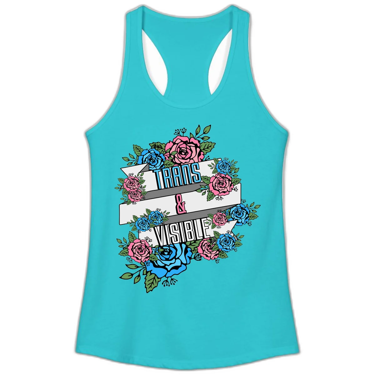 Trains and visible pride design with blue and pink roses and green leaves surrounding banner text on gray background in Solid Tahiti Blue