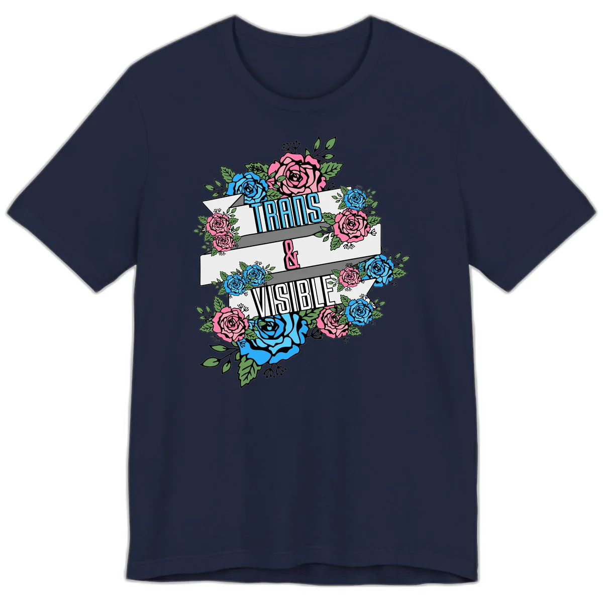 Trains and visible pride design with blue and pink roses and green leaves surrounding banner text on gray background in Navy