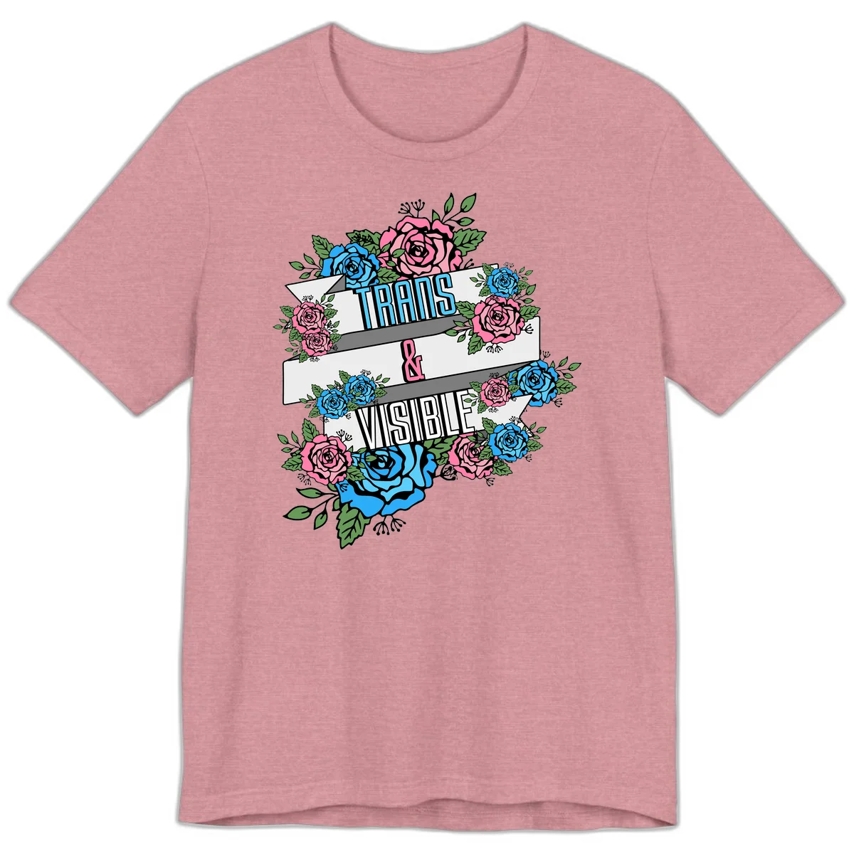 Trains and visible pride design with blue and pink roses and green leaves surrounding banner text on gray background in Heather Orchid