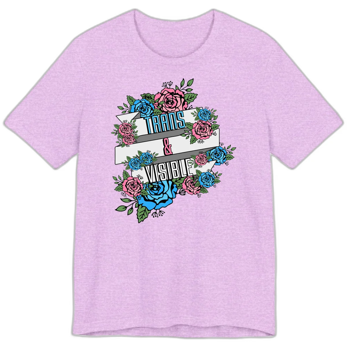 Trains and visible pride design with blue and pink roses and green leaves surrounding banner text on gray background in Heather Prism Lilac