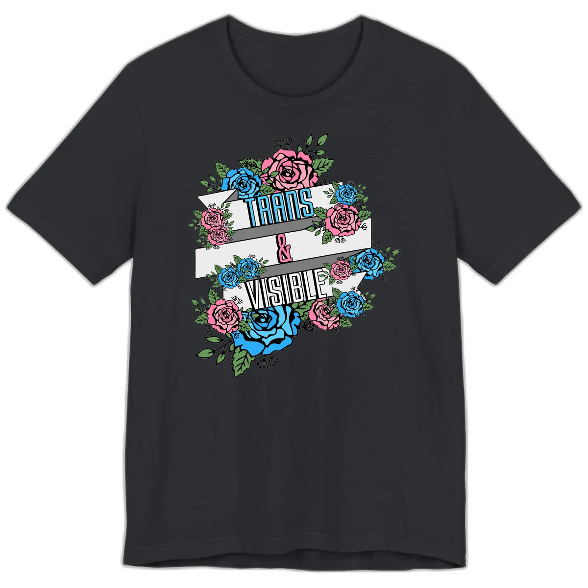 Trains and visible pride design with blue and pink roses and green leaves surrounding banner text on gray background in Vintage Black