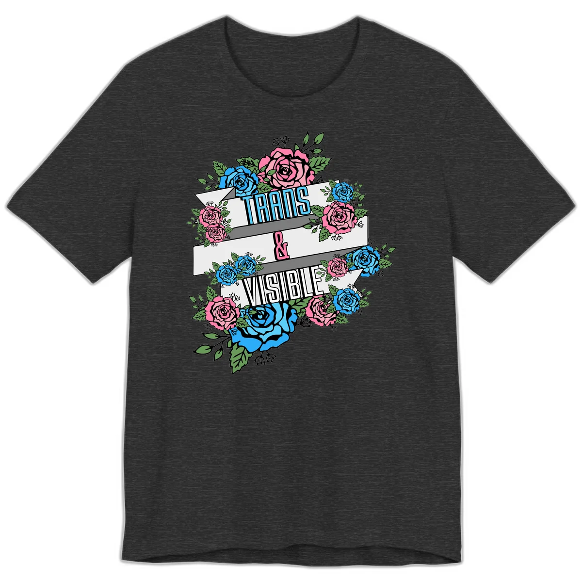 Trains and visible pride design with blue and pink roses and green leaves surrounding banner text on gray background in Dark Grey Heather