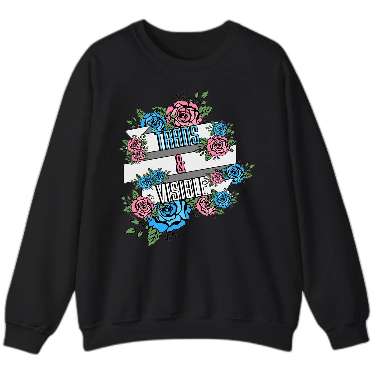 Trains and visible pride design with blue and pink roses and green leaves surrounding banner text on gray background in Black