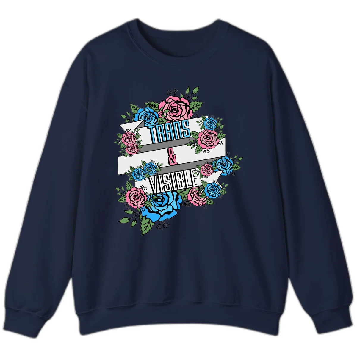 Trains and visible pride design with blue and pink roses and green leaves surrounding banner text on gray background in Navy