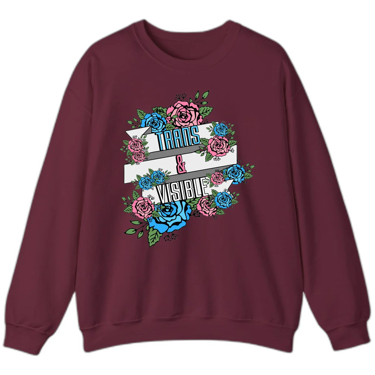 Trains and visible pride design with blue and pink roses and green leaves surrounding banner text on gray background in Maroon