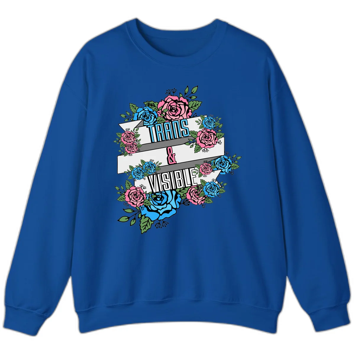 Trains and visible pride design with blue and pink roses and green leaves surrounding banner text on gray background in Royal