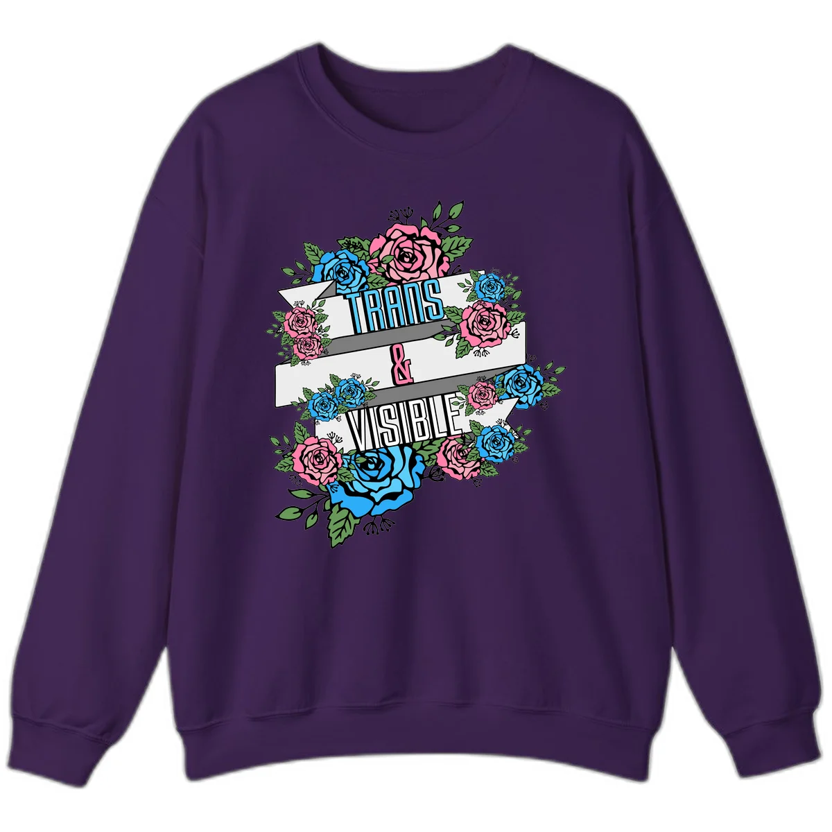 Trains and visible pride design with blue and pink roses and green leaves surrounding banner text on gray background in Purple