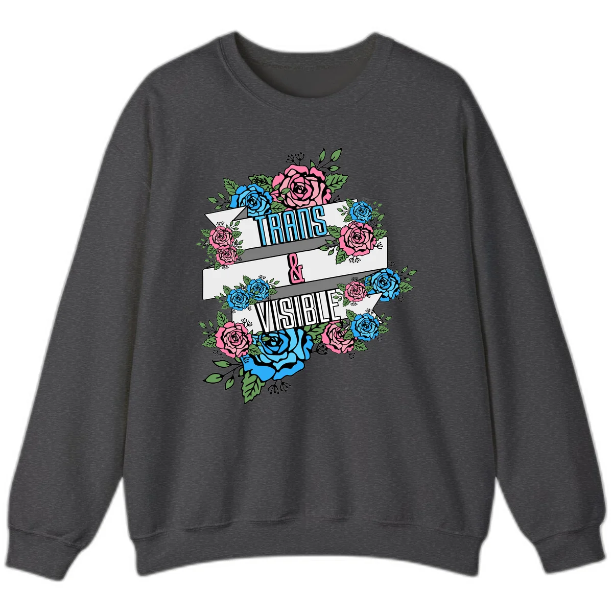 Trains and visible pride design with blue and pink roses and green leaves surrounding banner text on gray background in Dark Heather