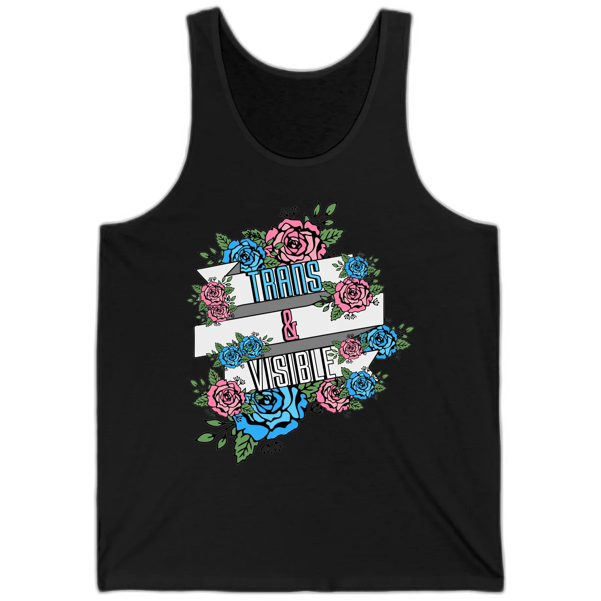 Trains and visible pride design with blue and pink roses and green leaves surrounding banner text on gray background in Black
