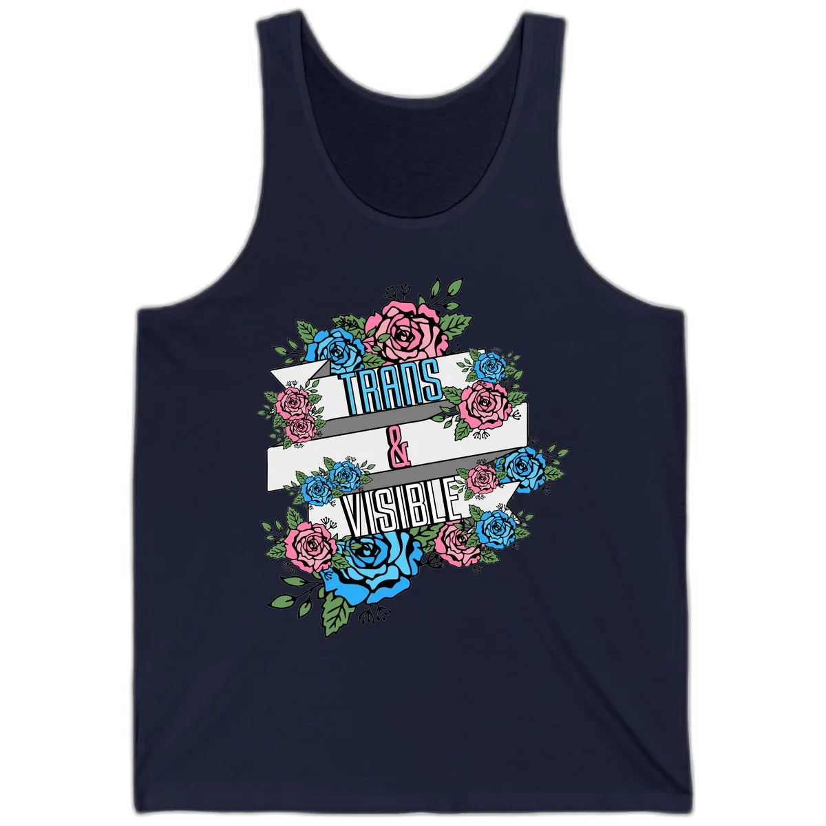Trains and visible pride design with blue and pink roses and green leaves surrounding banner text on gray background in Navy