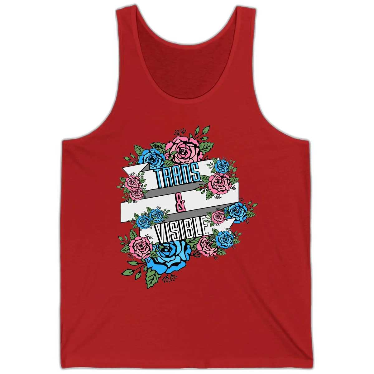 Trains and visible pride design with blue and pink roses and green leaves surrounding banner text on gray background in Red