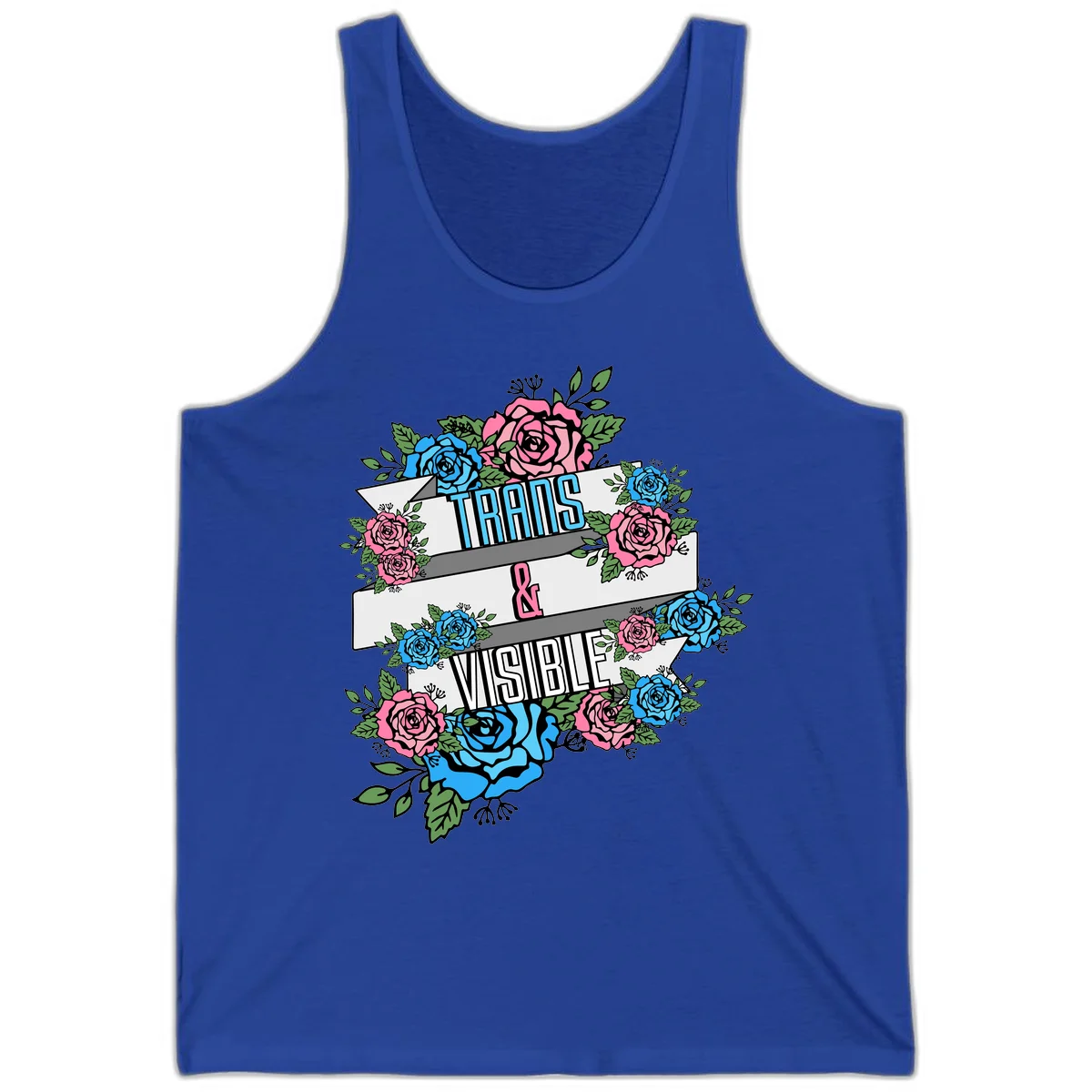 Trains and visible pride design with blue and pink roses and green leaves surrounding banner text on gray background in True Royal