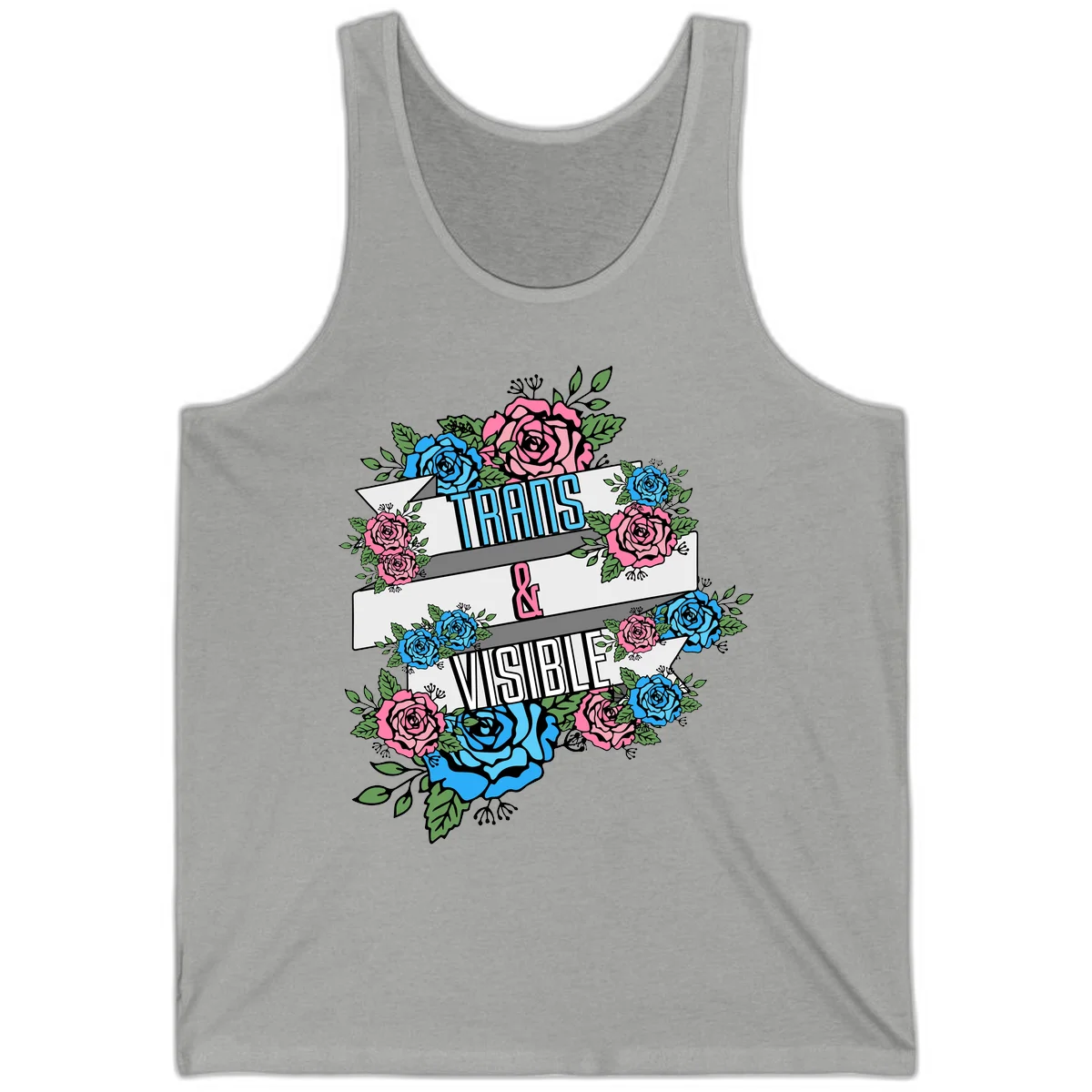 Trains and visible pride design with blue and pink roses and green leaves surrounding banner text on gray background in Athletic Heather