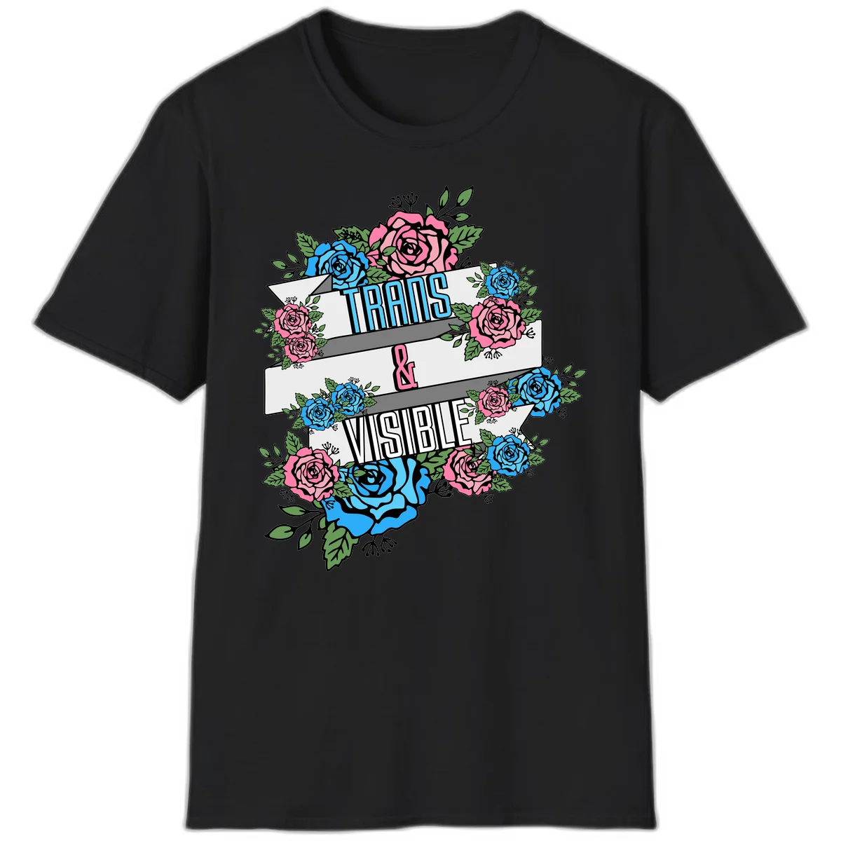 Trains and visible pride design with blue and pink roses and green leaves surrounding banner text on gray background in Black