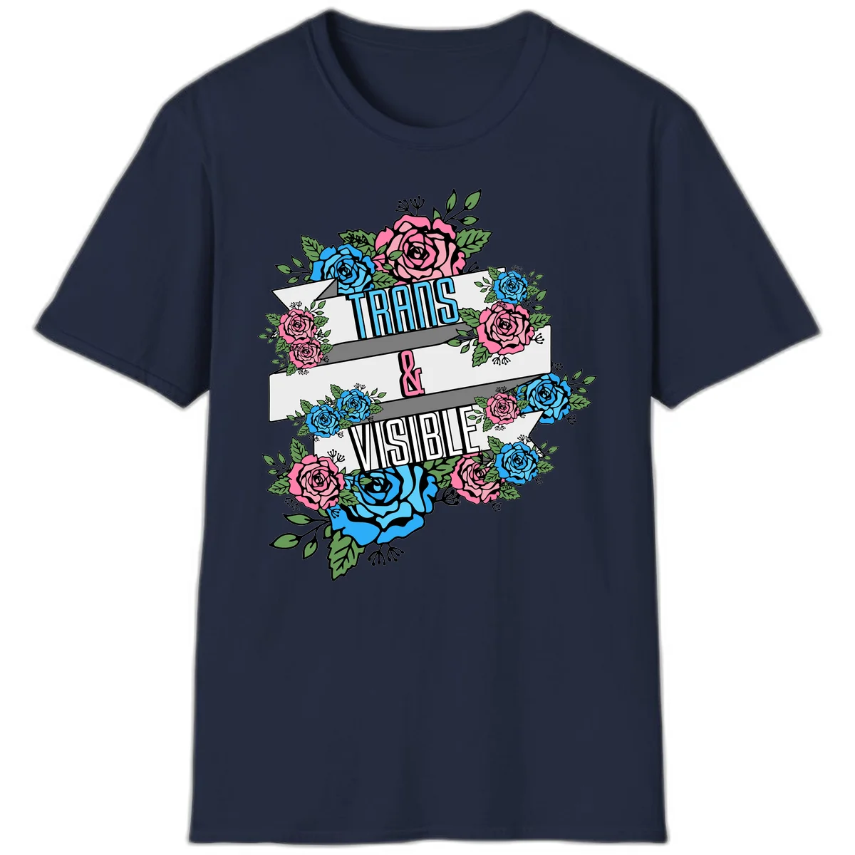 Trains and visible pride design with blue and pink roses and green leaves surrounding banner text on gray background in Navy