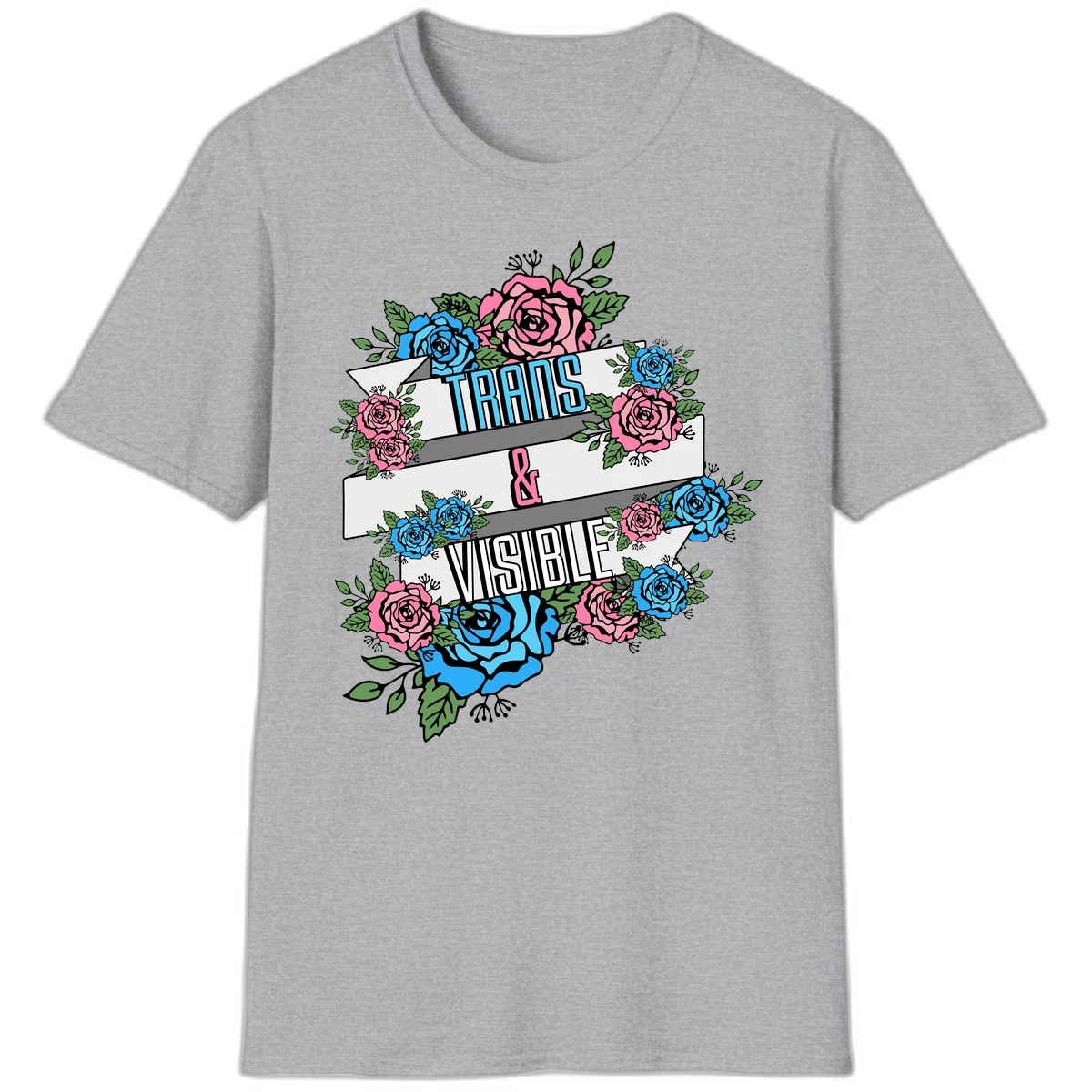 Trains and visible pride design with blue and pink roses and green leaves surrounding banner text on gray background in Sport Grey