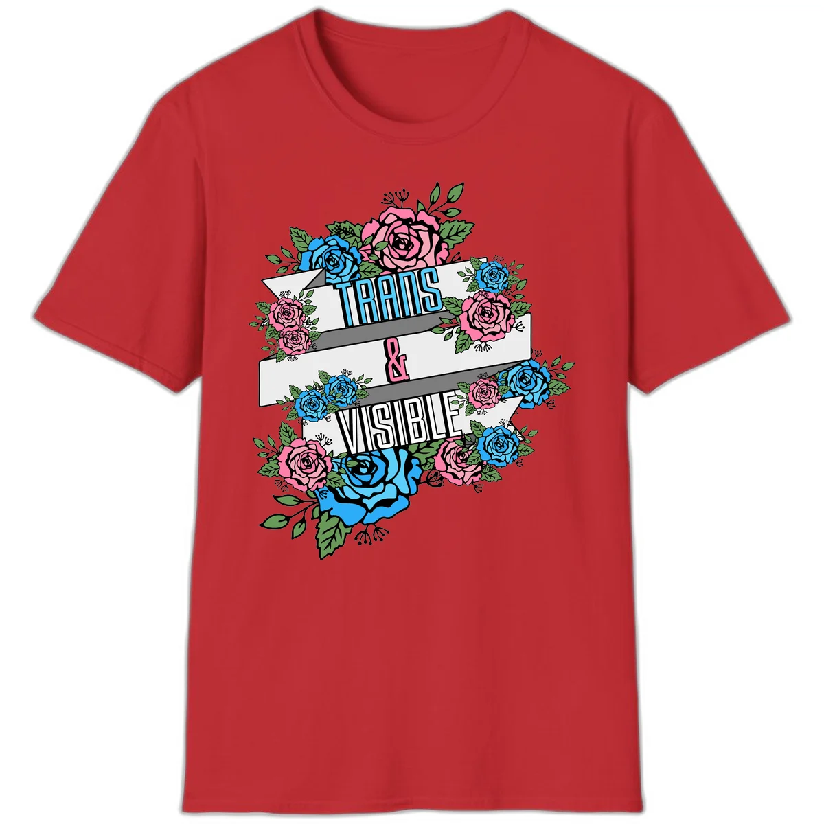 Trains and visible pride design with blue and pink roses and green leaves surrounding banner text on gray background in Red