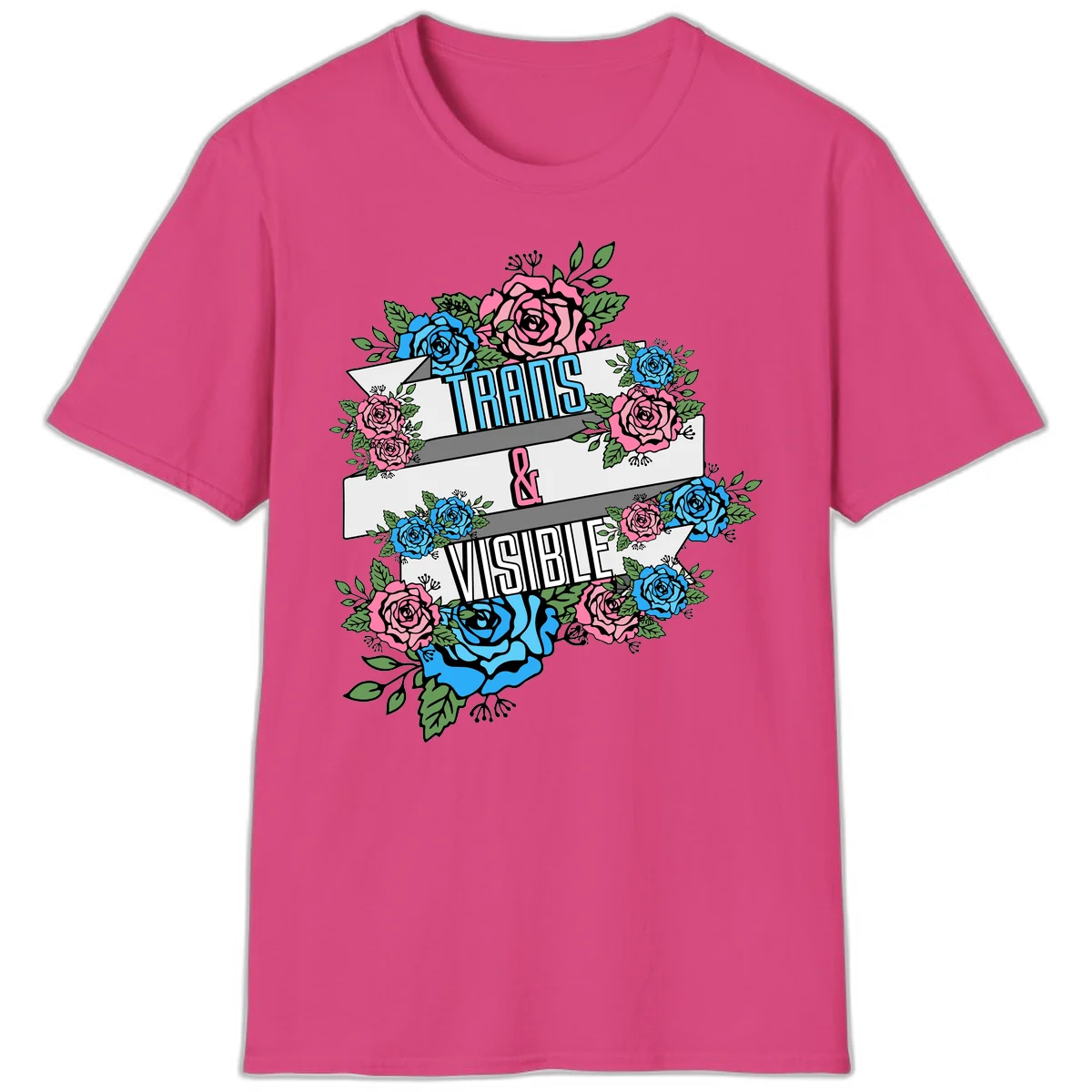 Trains and visible pride design with blue and pink roses and green leaves surrounding banner text on gray background in Heliconia