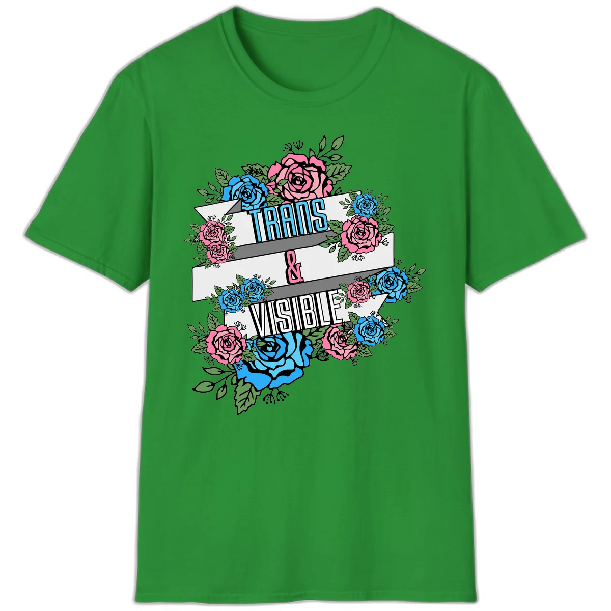 Trains and visible pride design with blue and pink roses and green leaves surrounding banner text on gray background in Irish Green