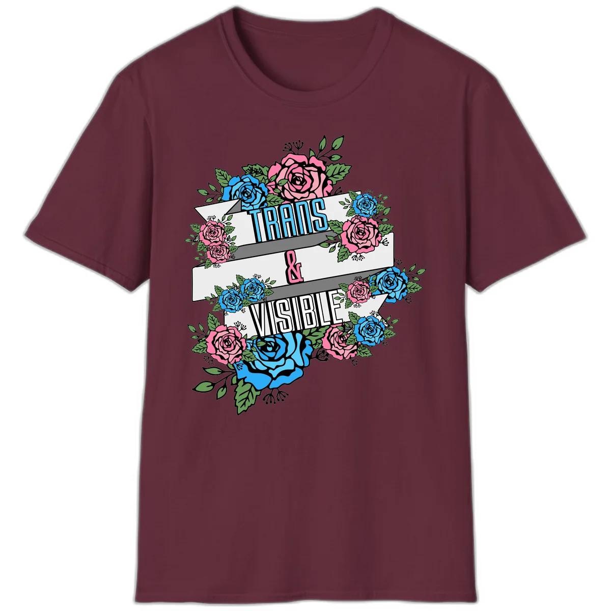 Trains and visible pride design with blue and pink roses and green leaves surrounding banner text on gray background in Maroon