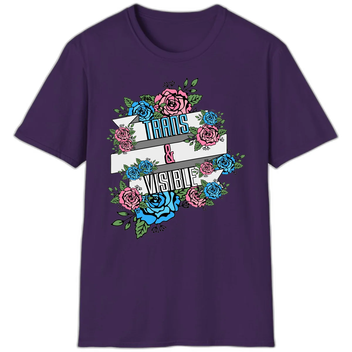 Trains and visible pride design with blue and pink roses and green leaves surrounding banner text on gray background in Purple